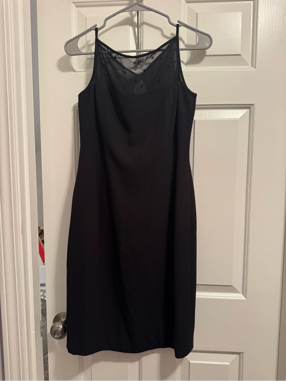 Jones Wear Black Beaded Sheer Mesh Yoke Midi Sheath Cocktail Dress Size 8